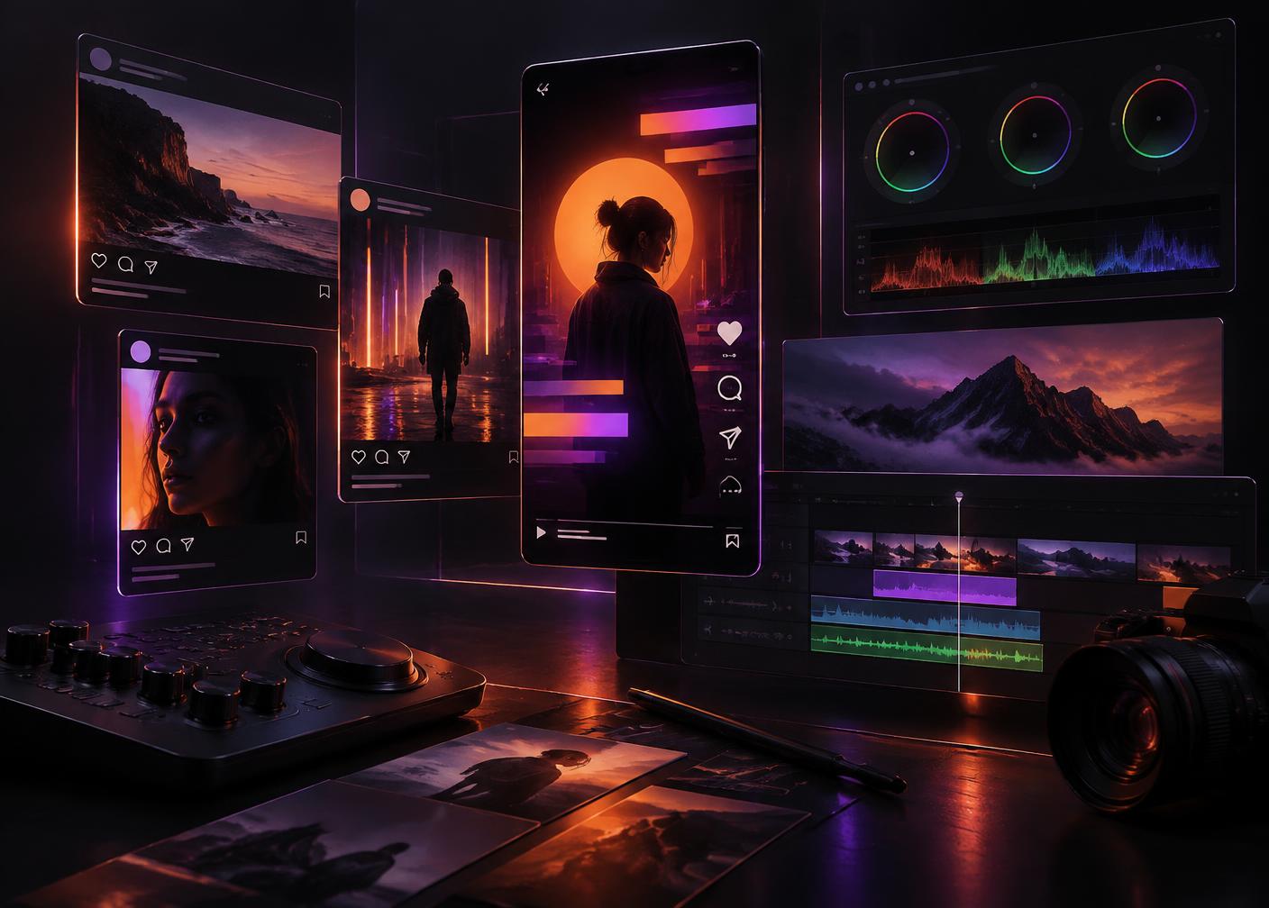 Creative production: social post layouts, a vertical reel edit, colour grading scopes and an editing timeline